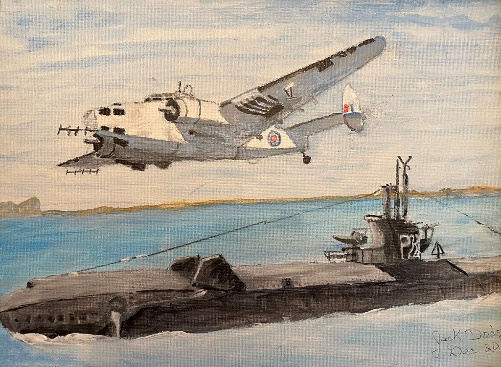 During the summer of 1943 while stationed at Gibraltar, arrangements were made to have aircrews of RAF 233 Squadron flying Hudsons to go on training trips in two submarines, Surf and Trucclant, and for some of their crews to come on real operational flights in our aircraft and also on training flights with their submarines. This was unusual but very productive. This painting is an attempt to show a training flight by our crew with Surf. [This is the caption behind the painting by John Dods]