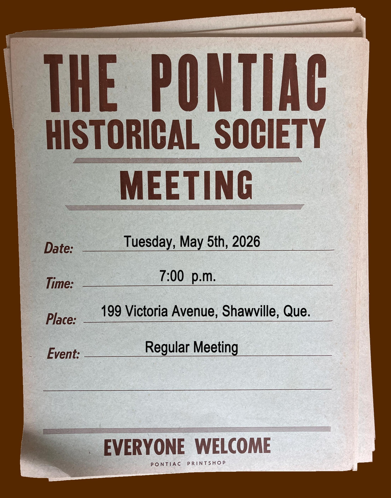 Pontiac Historical Society - Regular Meeting - Shawville