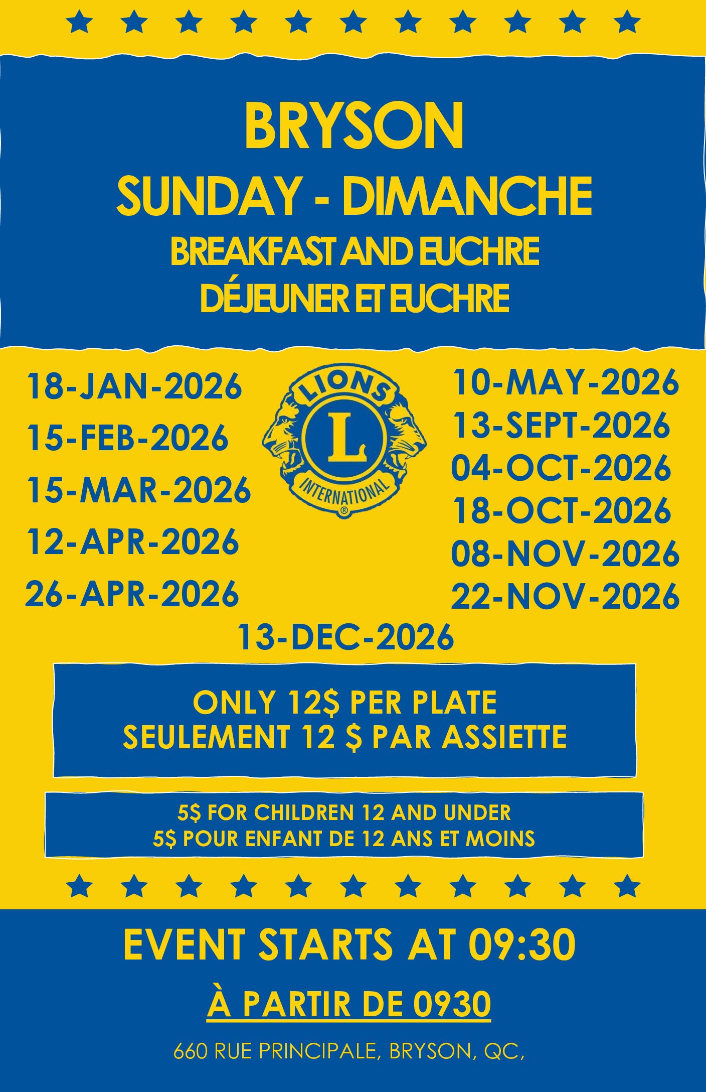 Bryson Lions Club Sunday Breakfast & Euchre