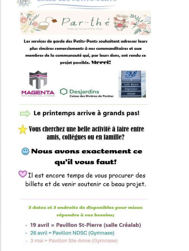 Tea party in support of Ecoles Petit-Ponts - Fort-Coulonge