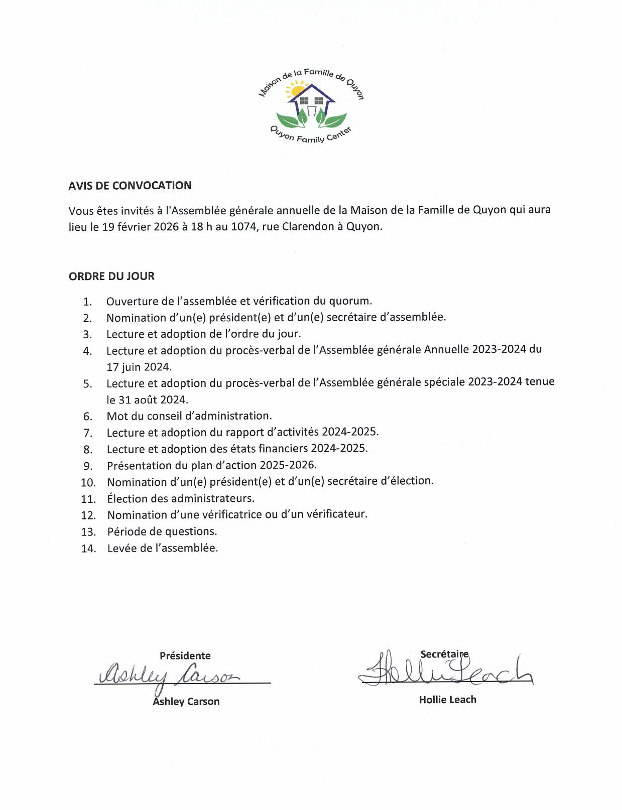 Maison de la Famille de Quyon AGM